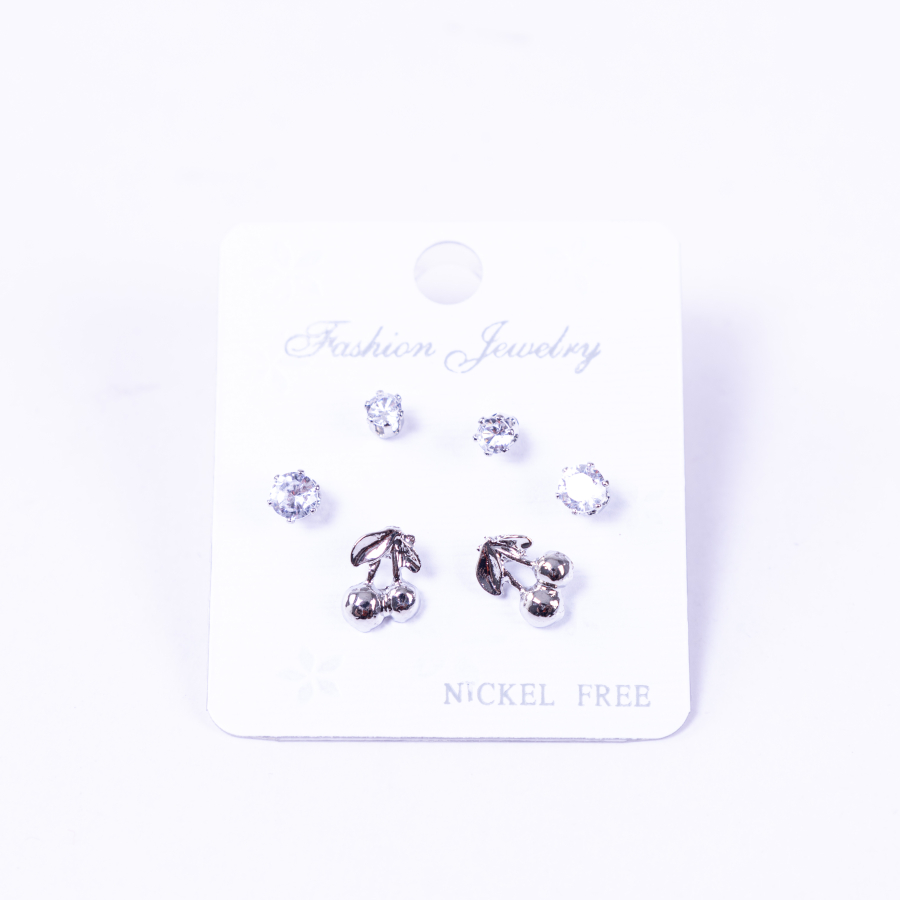 Silver coloured 3 assorted screw stud earring set, cherry - 1