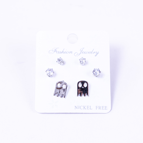 Silver coloured 3 assorted screw stud earring set, ghost - Bimotif