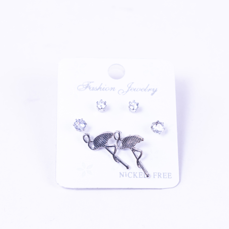 Silver coloured 3 assorted screw stud earring set, flamingo - Bimotif