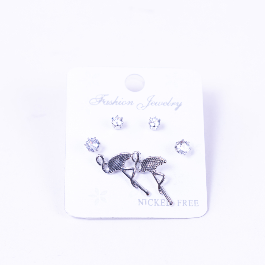 Silver coloured 3 assorted screw stud earring set, flamingo - 1