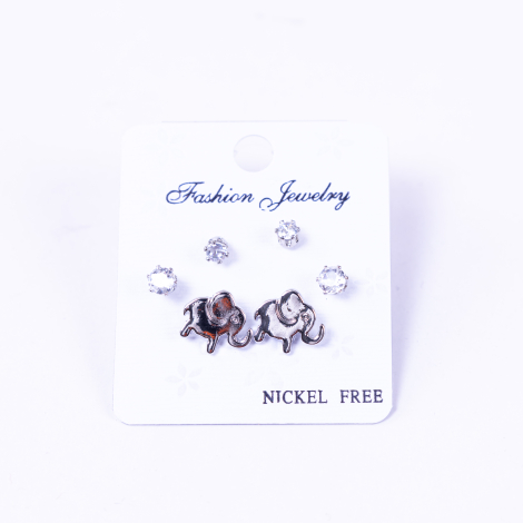 Silver-coloured 3 assorted screw stud earring set, elephant - Bimotif