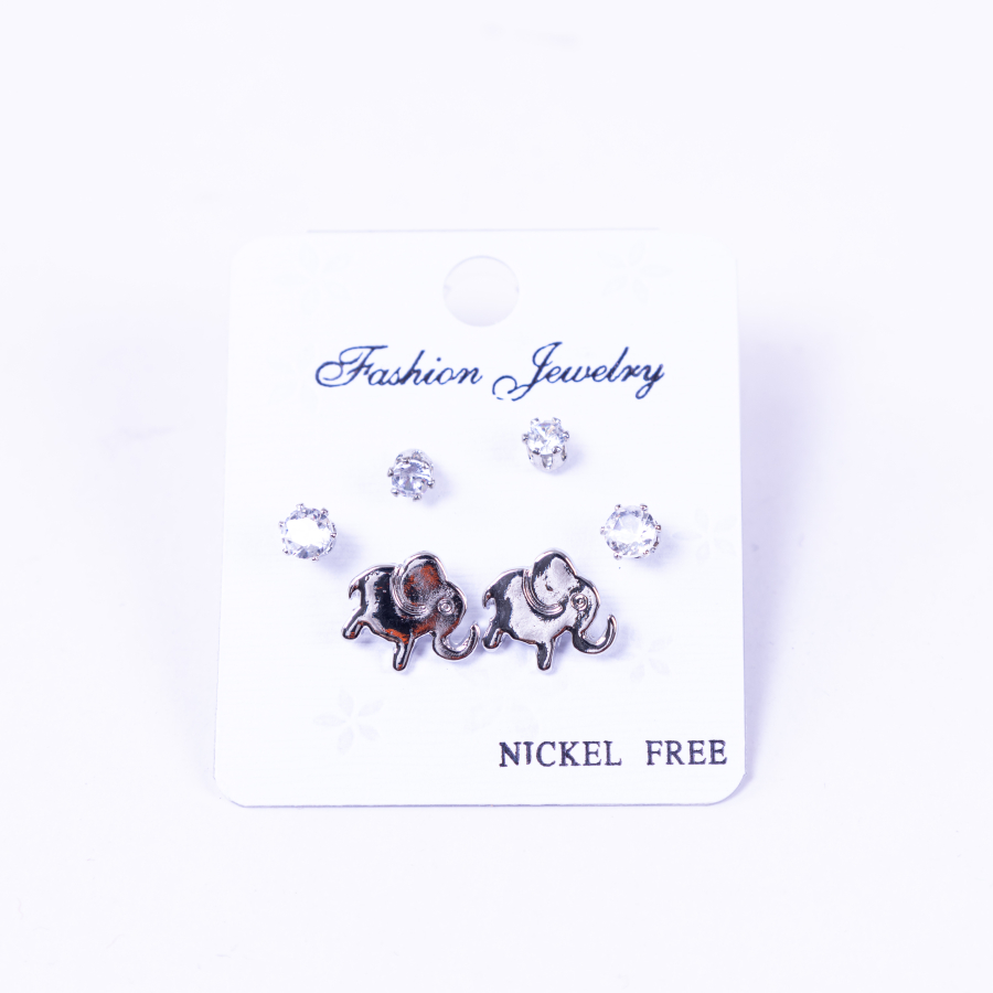 Silver-coloured 3 assorted screw stud earring set, elephant - 1