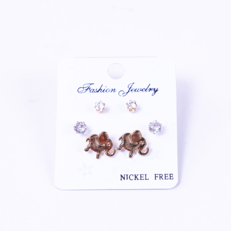 Gold coloured 3 assorted screw stud earring set, elephant - Bimotif