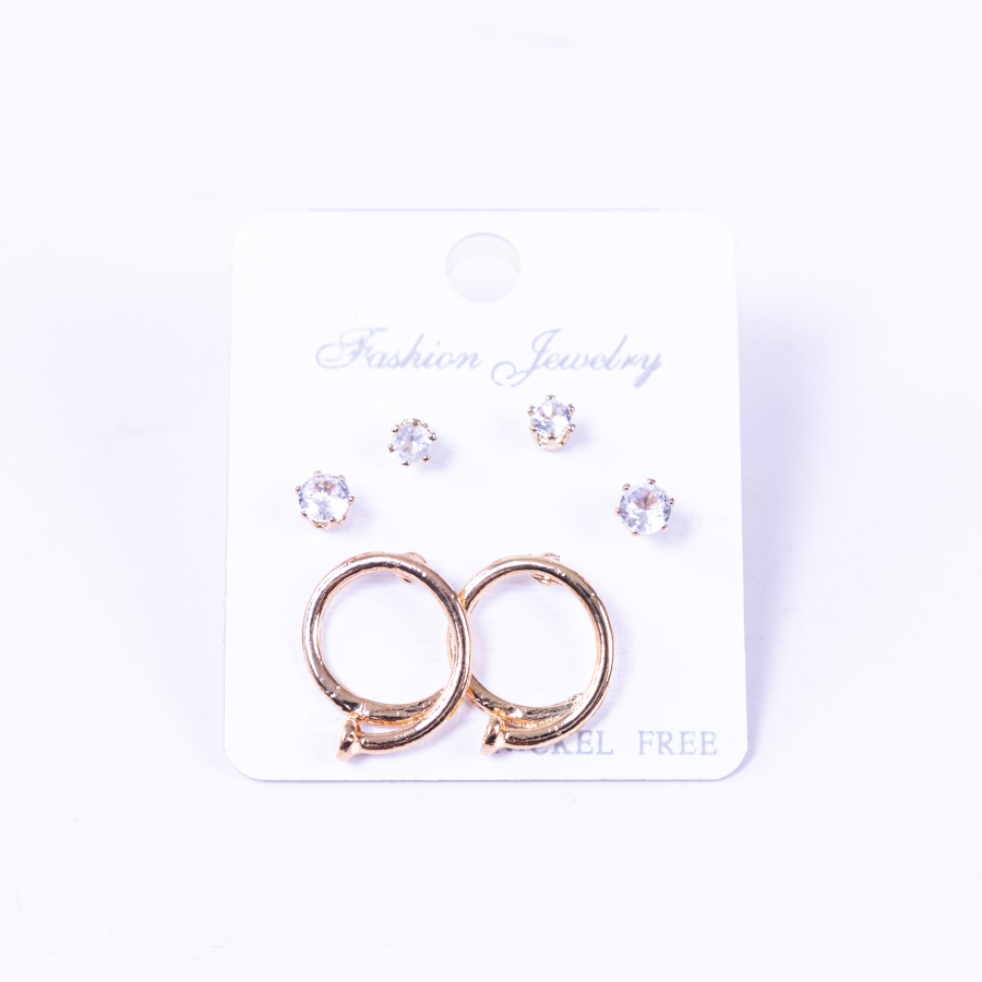 Gold coloured set of 3 kinds of screw stud earrings, trumpet - 1
