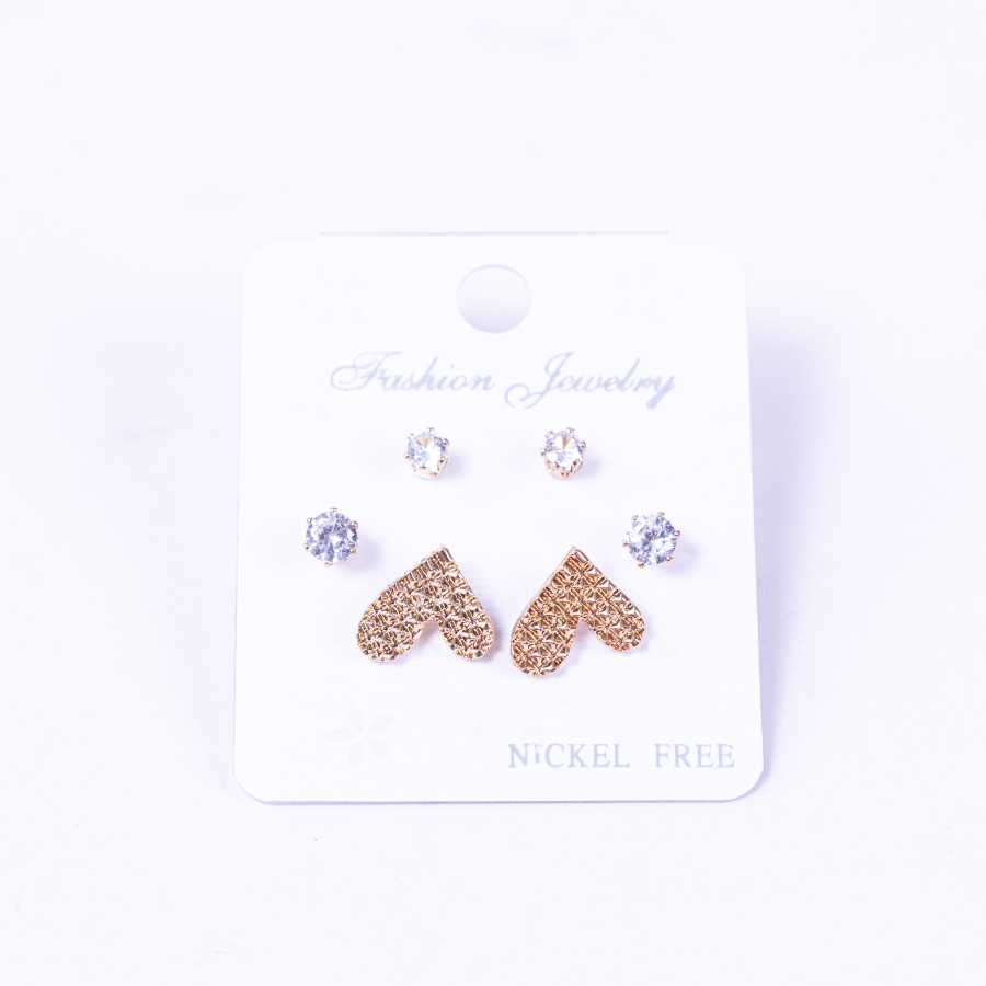 Gold coloured 3 assorted screw stud earring set, heart - 1
