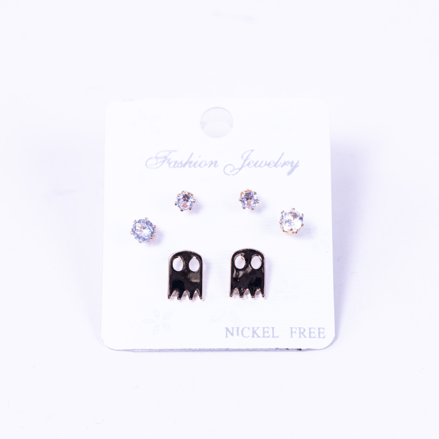 Set of 3 types of screw stud earrings in black colour, ghost - 1