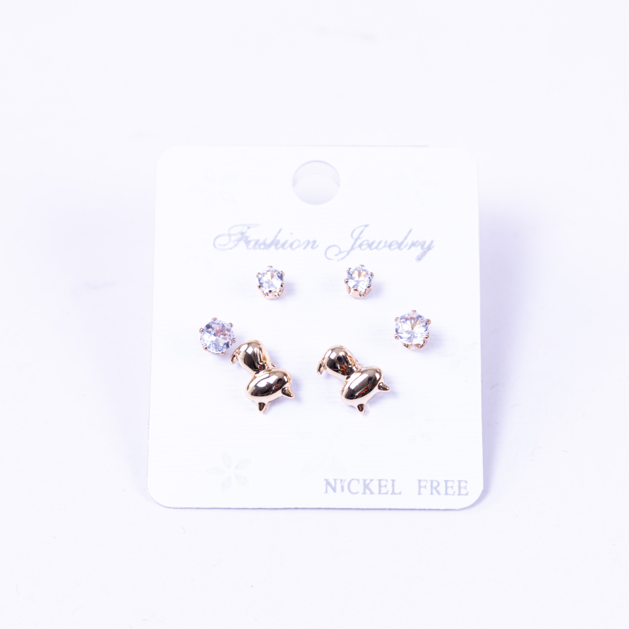 Gold coloured set of 3 kinds of screw stud earrings, cat - 1