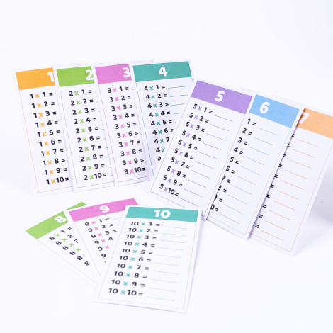 Set of 10 multiplication table study cards (with exercises), 10 x 17 cm / 1 piece - Bimotif