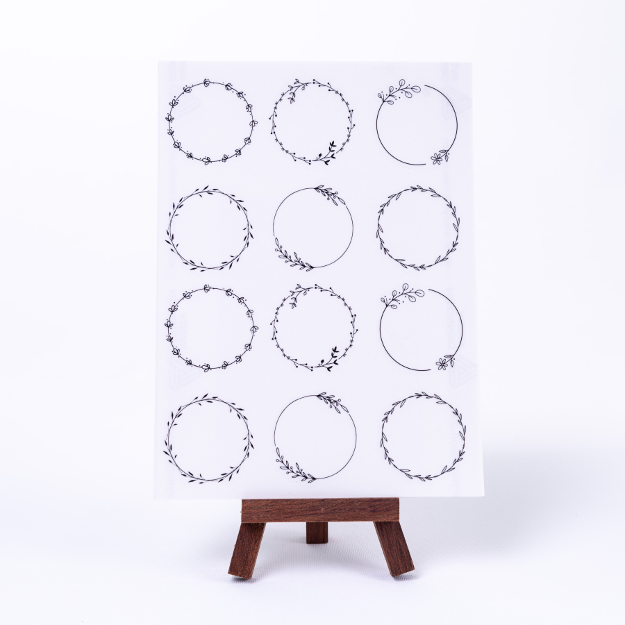 Set of 12 shaped frame transparent stickers for writing notes, circle with leaves and flowers, A5 / 10 sheets - 1