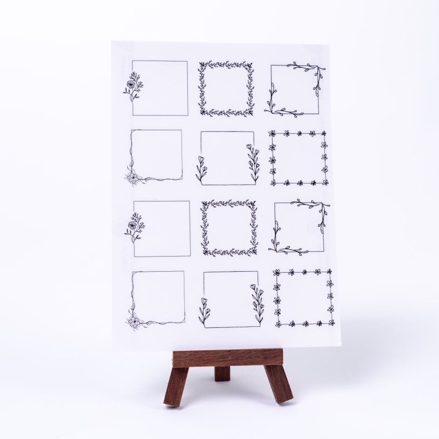 Set of 6 shaped frame transparent stickers, leaf and flower square, A5 / 2 sheets - 1