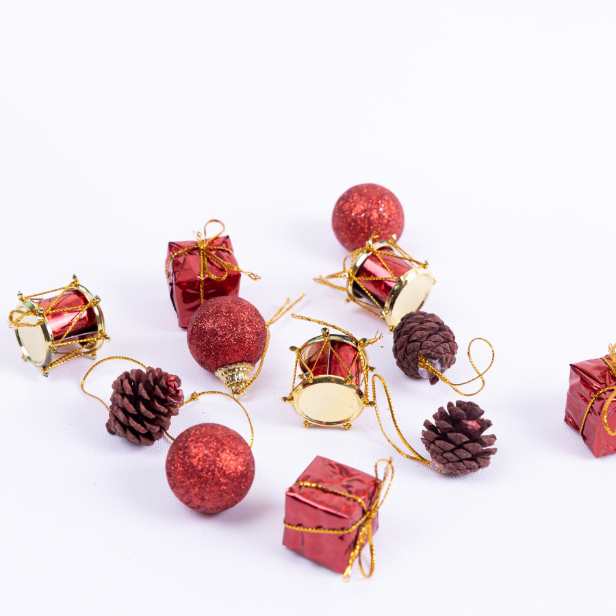 Christmas ornament, 12 pcs red, drum, pine cone and glitter balls / 1 piece - 2