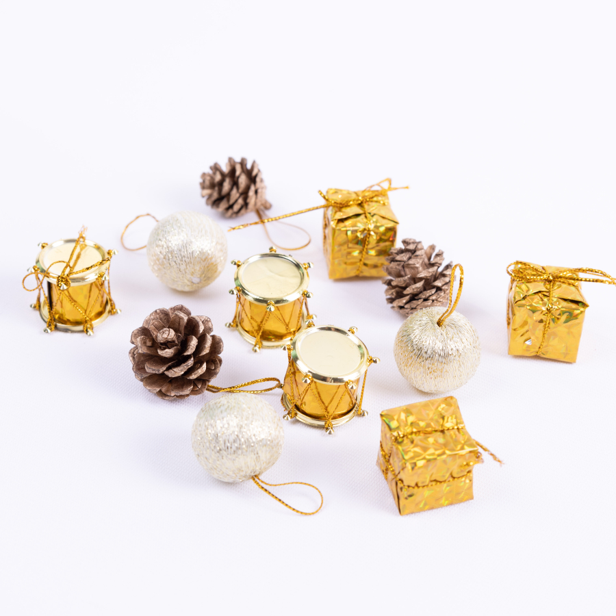 Christmas ornament, 12 pcs yellow, drum, cone and glitter decorative balls / 5 packs - 1