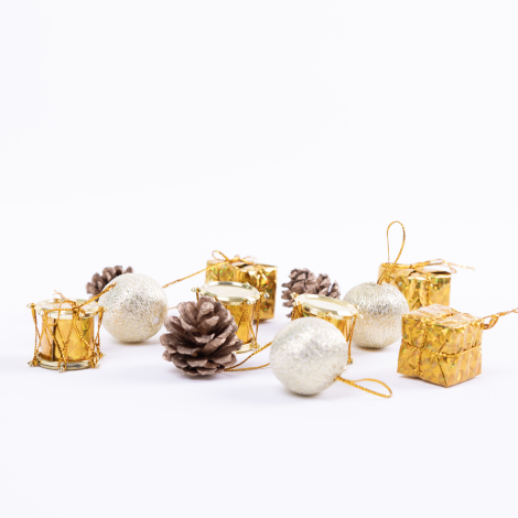 Christmas ornament, 12 pcs yellow, drum, cone and glitter decorative balls / 5 packs - Bimotif (1)