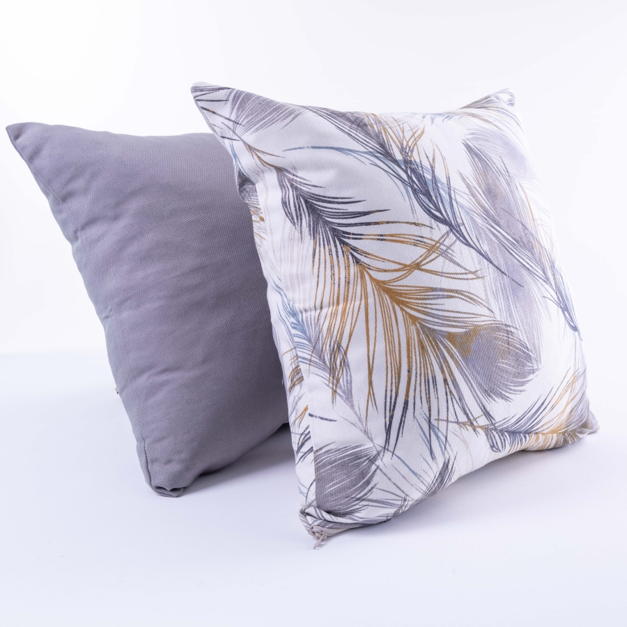 Grey leaf pattern zipped 2 pcs cushion cover set, 45x45 cm / 2 pcs - 1