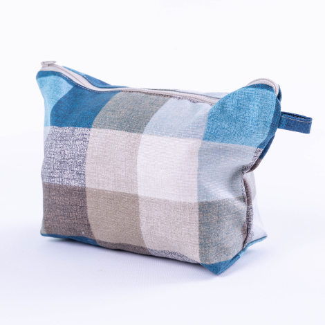 Large checkered blue and brown coloured make-up bag in water and stain resistant Duck fabric - Bimotif