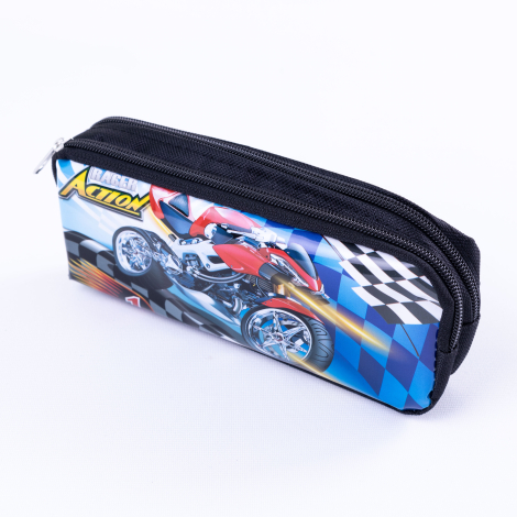 Pencil case with zip fastener and racing motorbike figure - Bimotif