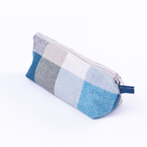 Duck fabric large checkered blue and grey coloured pencil case with zip closure - Bimotif