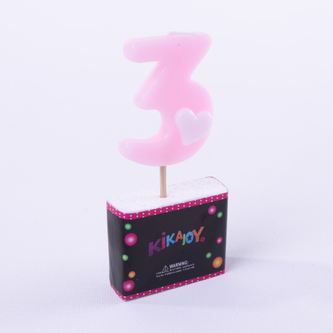 Pink number candle with heart, Number 3 / 3 pcs - Bimotif