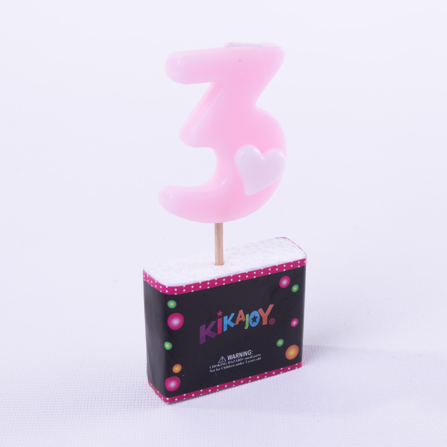 Pink number candle with heart, Number 3 / 3 pcs - 1