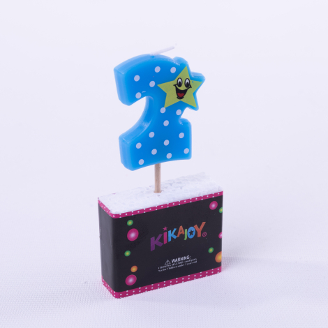 Smiley star themed, polka dot blue number candle, Number 2 / 3 pcs - Bimotif