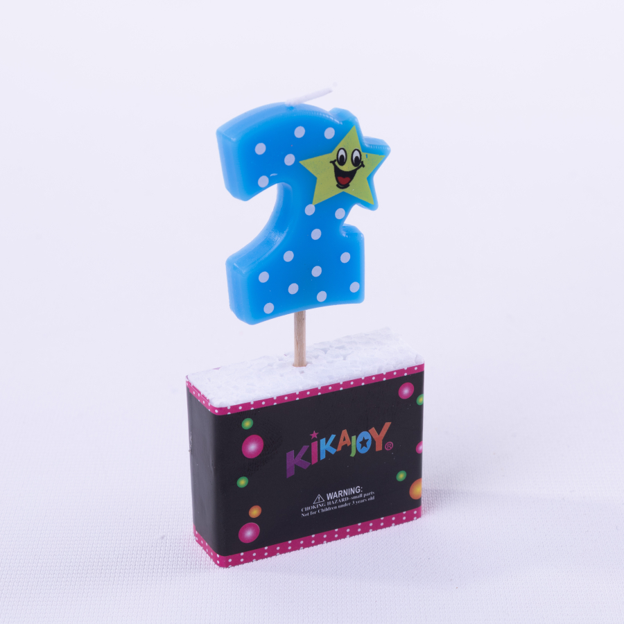 Smiley star themed, polka dot blue number candle, Number 2 / 3 pcs - 1