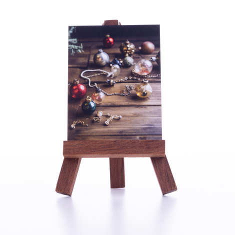 Christmas note and greeting card, wooden table and ornaments 6.5 x 8.5 cm / 50 pcs - Bimotif