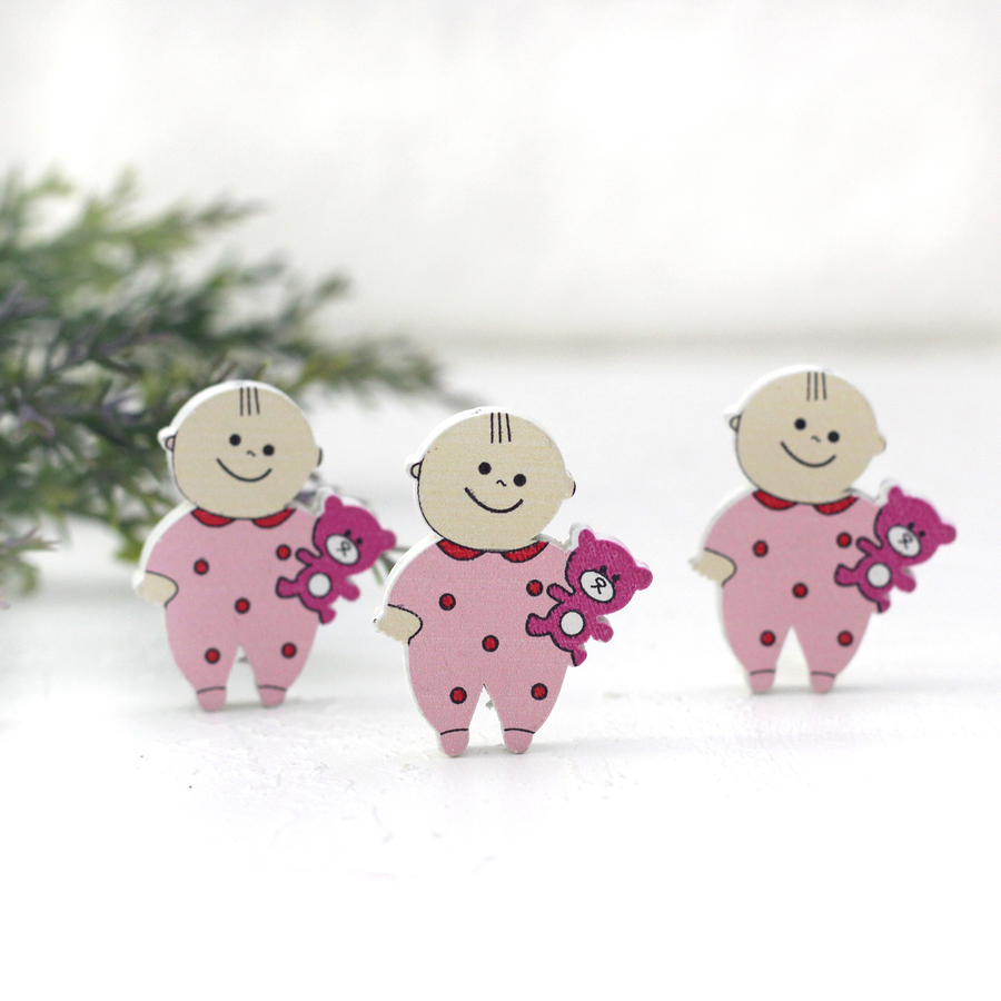 Wooden apere doll in pink overalls, 3 pcs - 1