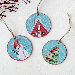 Wooden Christmas ornament, red house / 2 pcs - Bimotif