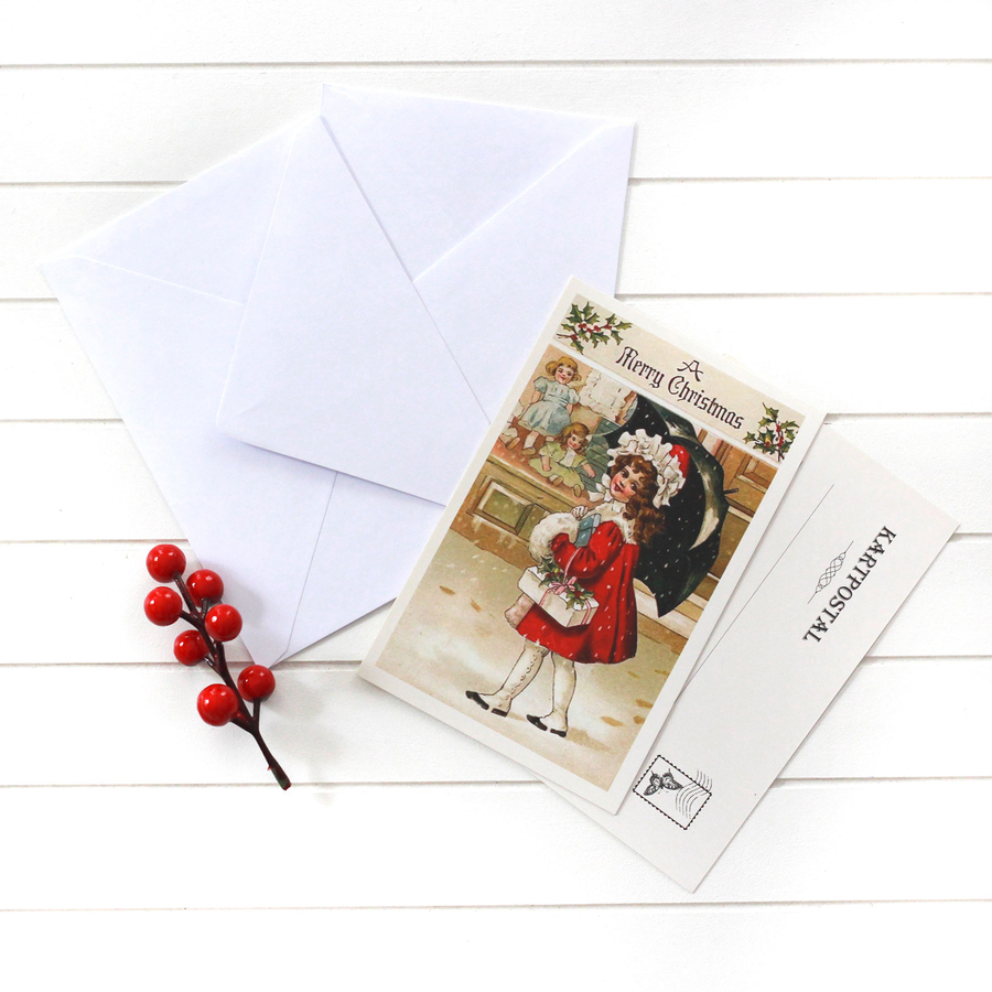 Christmas postcard-envelope set of 4, girl with red coat - 1