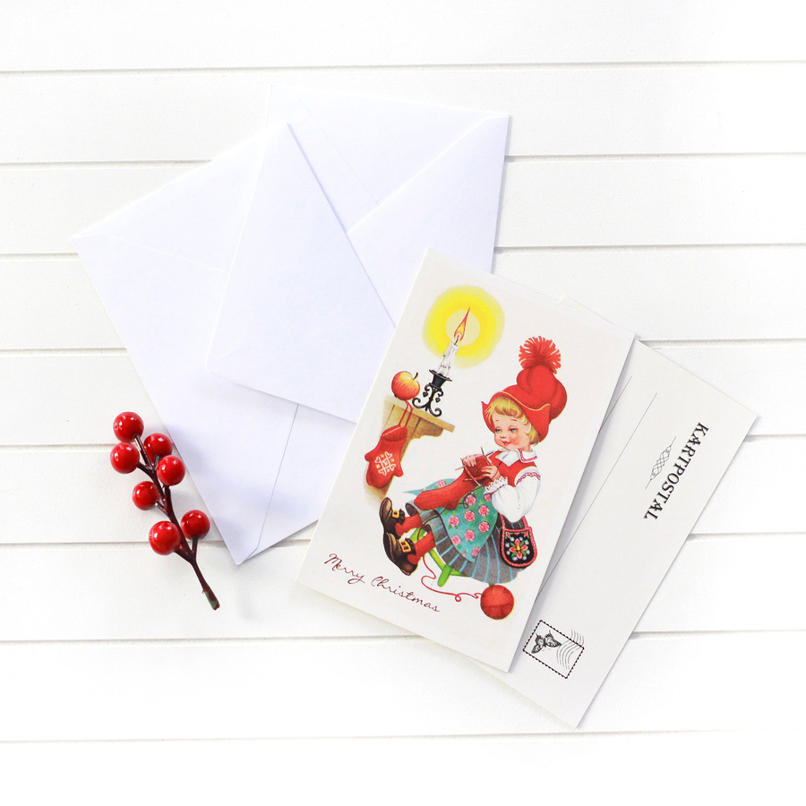 Christmas postcard-envelope set of 4, knitting girl - 1