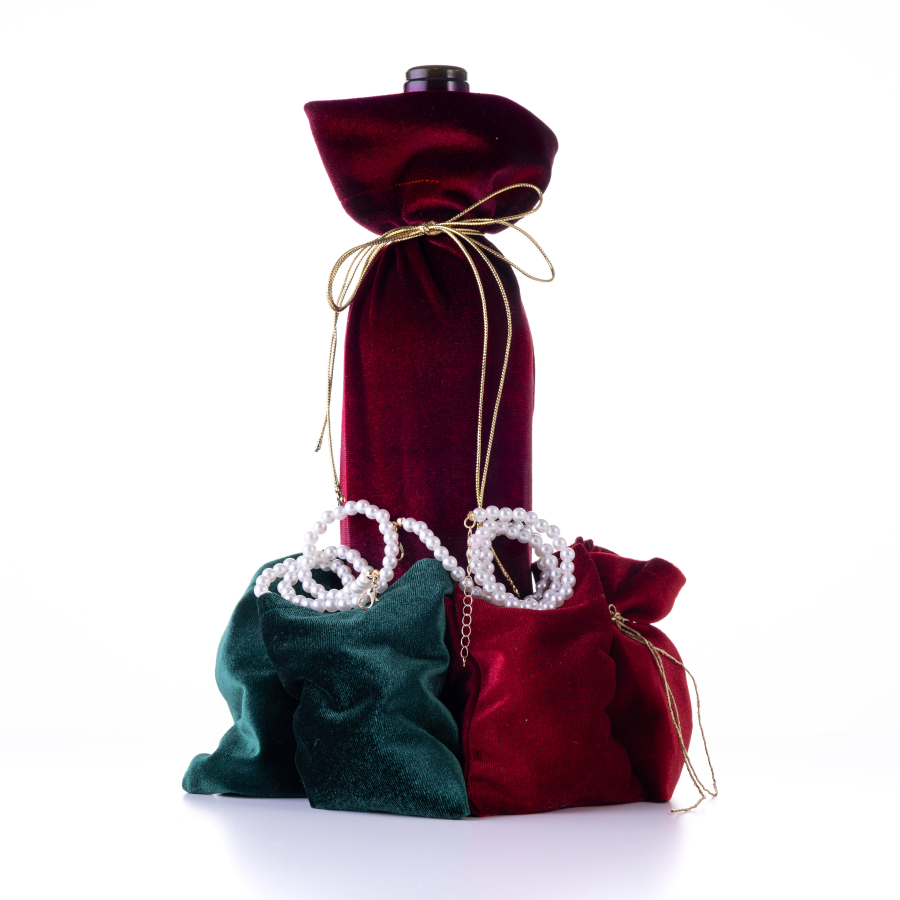 Christmas set with velvet bottle case and pouch with pearl decoration / 1 piece - 1