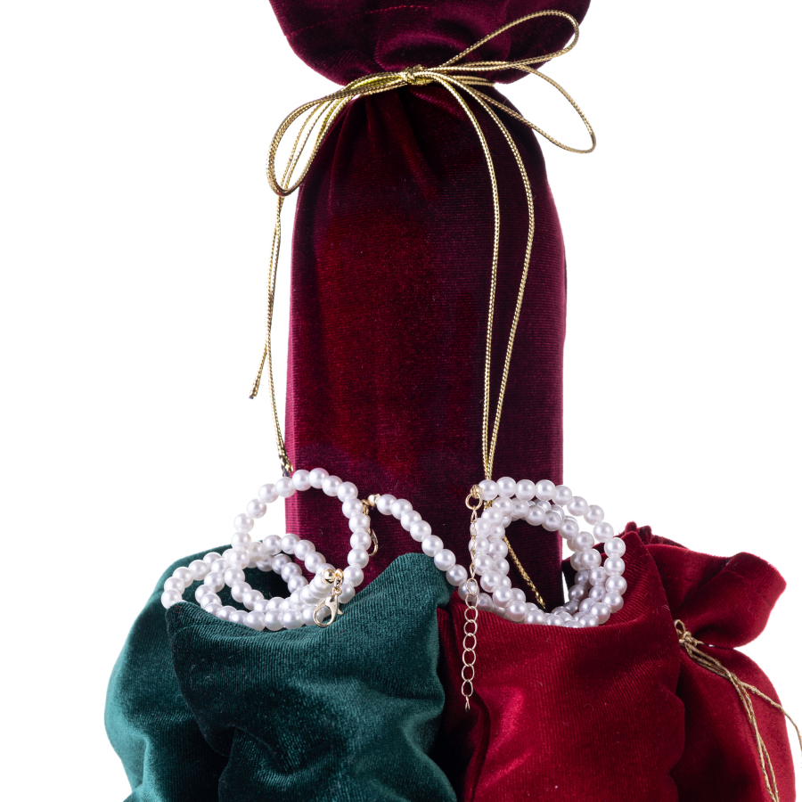 Christmas set with velvet bottle case and pouch with pearl decoration / 1 piece - 3