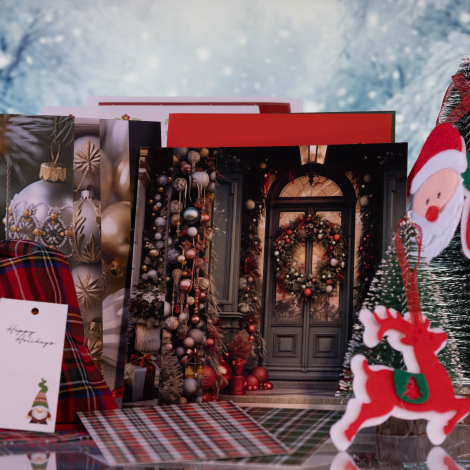 44 pcs miniature pine tree, felt ornaments and door themed Christmas set with postcard / 1 pack - Bimotif