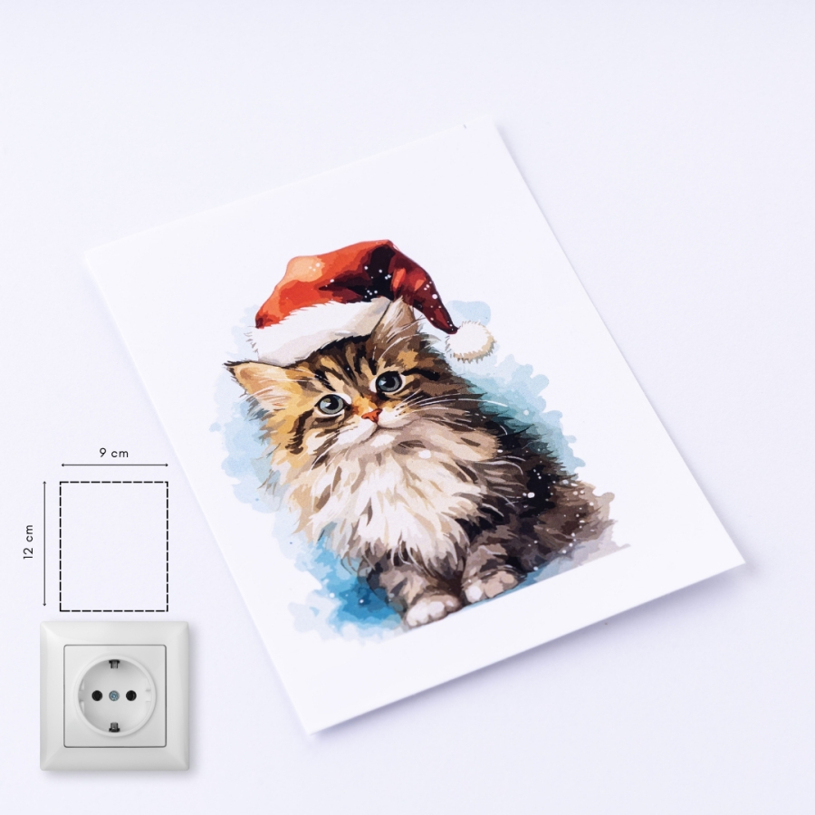 Christmas socket sticker 9x12 cm, Cat with Christmas Hat / 15 pcs - 1