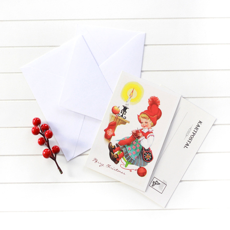 Christmas postcard-envelope set, knitting girl / 25 pcs - Bimotif