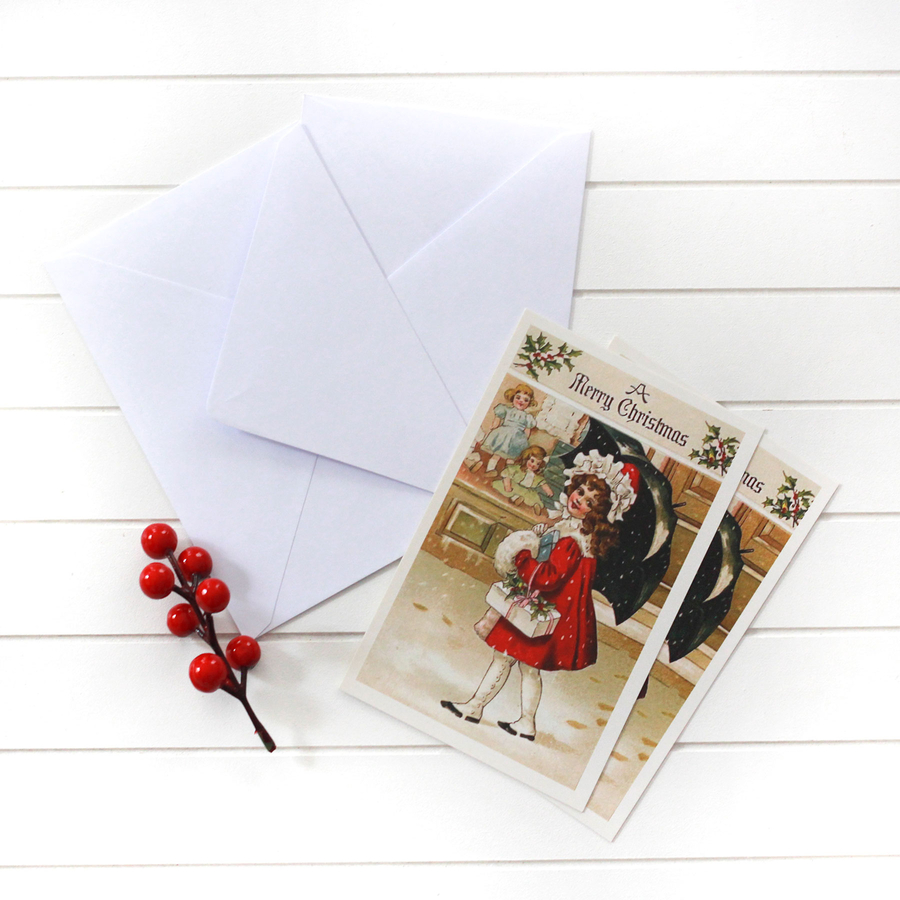 Christmas postcard-envelope set, girl in red coat / 25 pcs - 2