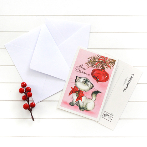 Christmas postcard-envelope set, cat with bow / 25 pcs - Bimotif
