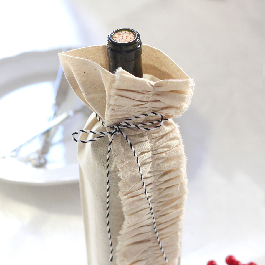 Raw cloth wine bottle cover with ruffles / 14x34 cm / 2 pcs - 1
