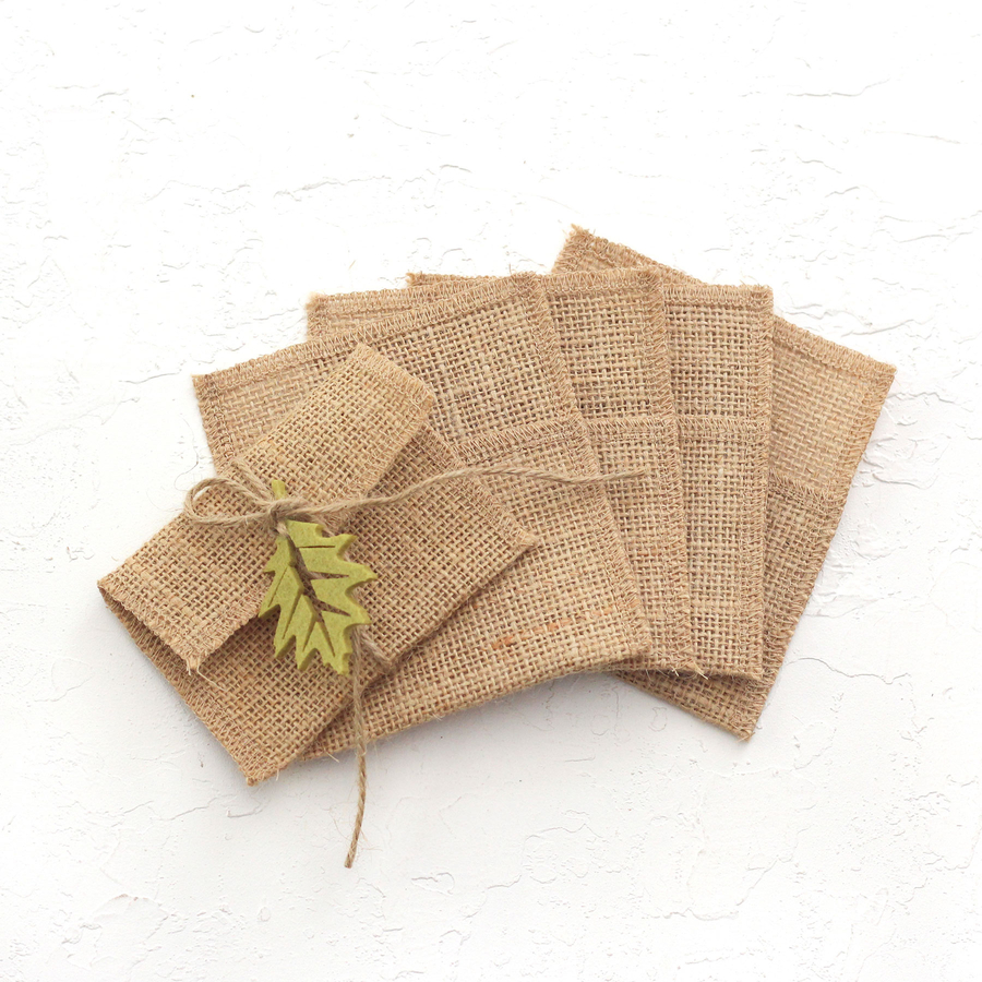 Small jute envelope with felt leaves, 7x10 cm / Green (20 pcs) - 1