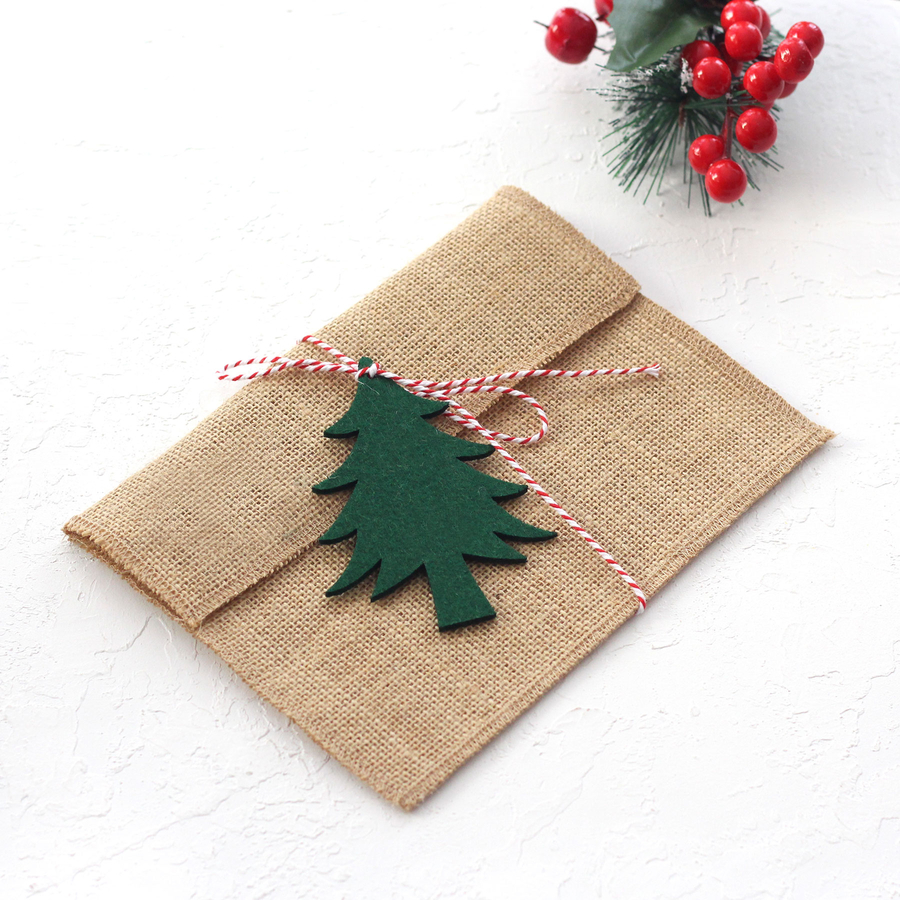 Jute envelope with felt motifs (14x19 cm), green pine / 2 pcs - 4