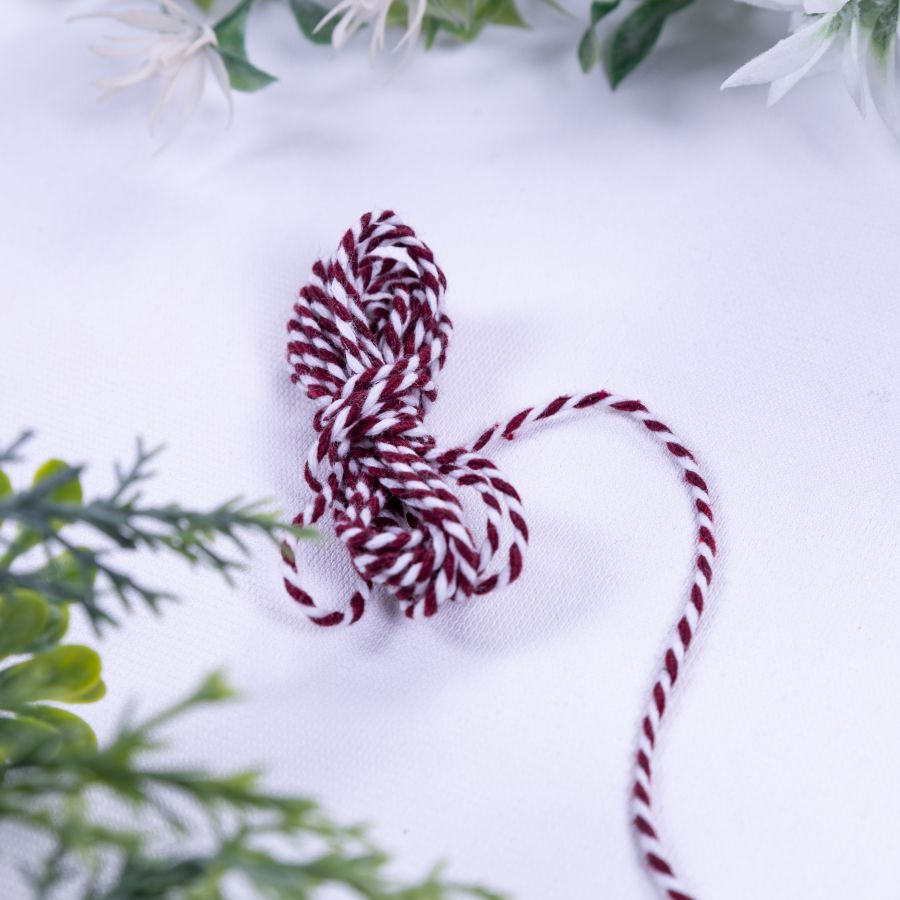 Martenitsa burgundy white twist bracelet rope, 2 mm / 10 metres - 3