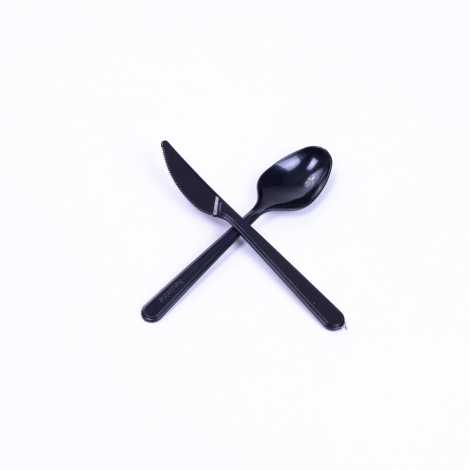 Plastic Disposable 25pcs Spoon Knife Set, Black - Bimotif (1)