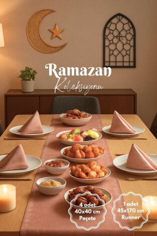 Ramazan'a Özel 5 parça Sofra Seti (Osmanlı İpeği Runner ve 4lü Peçete) / Pudra-Somon - Bimotif