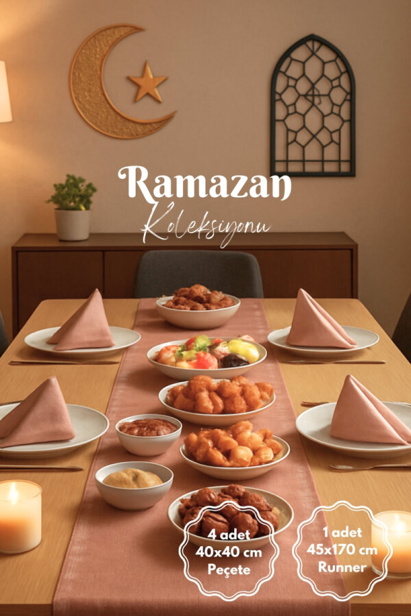 Ramazan'a Özel 5 parça Sofra Seti (Osmanlı İpeği Runner ve 4lü Peçete) / Pudra-Somon - 1
