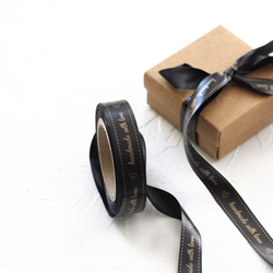 Saten şerit, altın baskılı handmade with love , 1.5 cm / 5 metre / Siyah - Bimotif