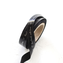 Saten şerit, gümüş baskılı handmade with love , 1.5 cm / 5 metre / Siyah - Bimotif (1)