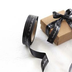 Saten şerit, gümüş baskılı handmade with love , 1.5 cm / 5 metre / Siyah - Bimotif