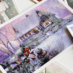 Simli kartpostal, yılbaşı, kırmızı ev / Set (6 adet) - 4
