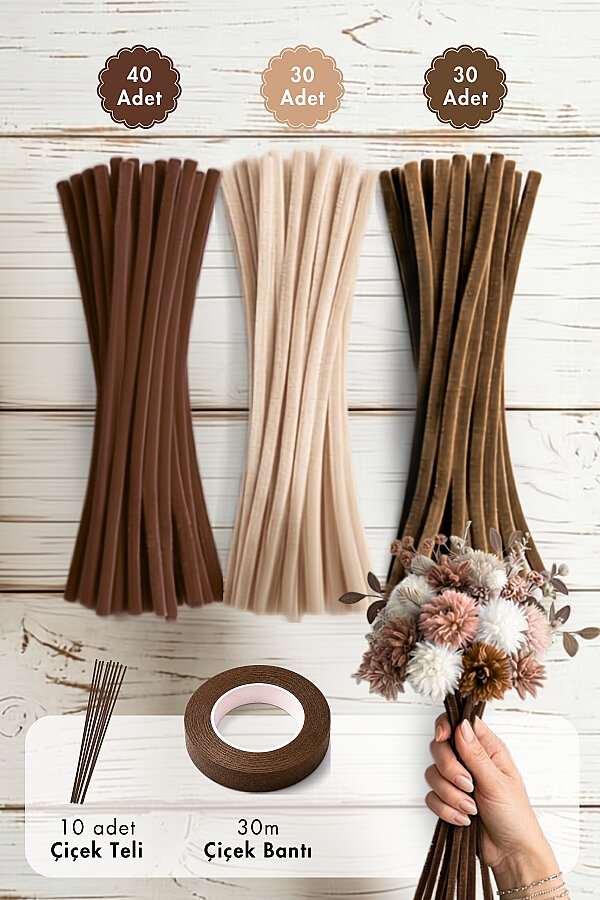 Şönil Çiçek Yapım Kiti (Kahverengi Set) - 100'lü Tüylü Tel Şönil + 40cm Çiçek Teli + 30m Çiçek Bandı - 1