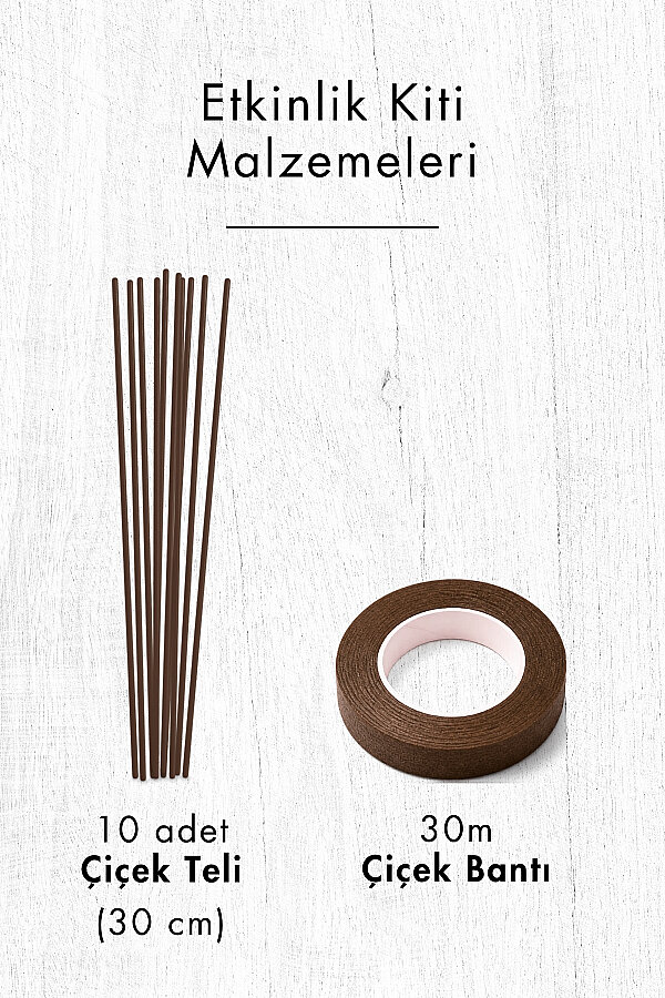 Şönil Çiçek Yapım Kiti (Kahverengi Set) - 100'lü Tüylü Tel Şönil + 40cm Çiçek Teli + 30m Çiçek Bandı - 2